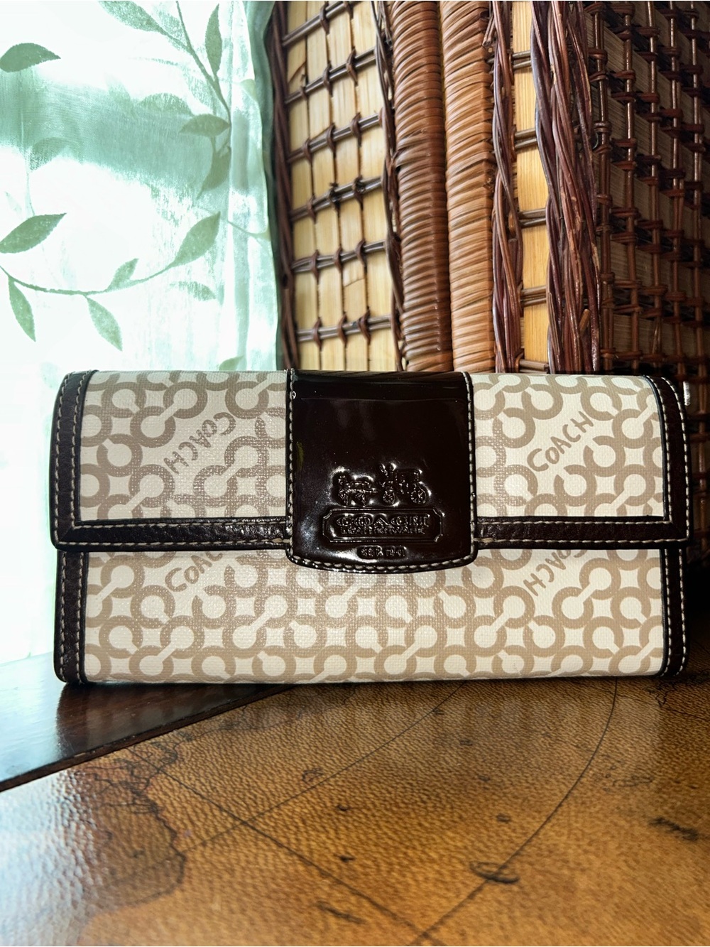 Coach Penelope Brown and White Monogram Op Art Wallet with Lavender -EUC-